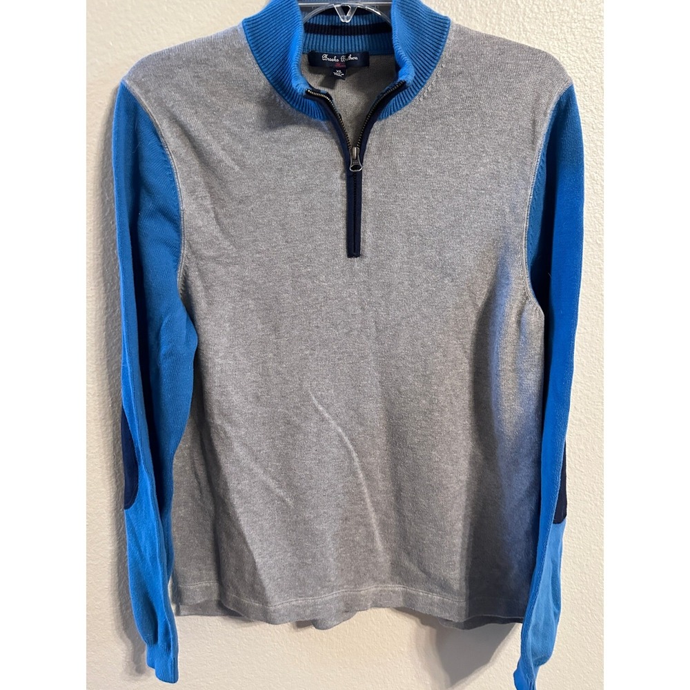 Brooks Brothers‎ Quarter Zip Pullover Sweater Gray Blue Elbow Patch XL